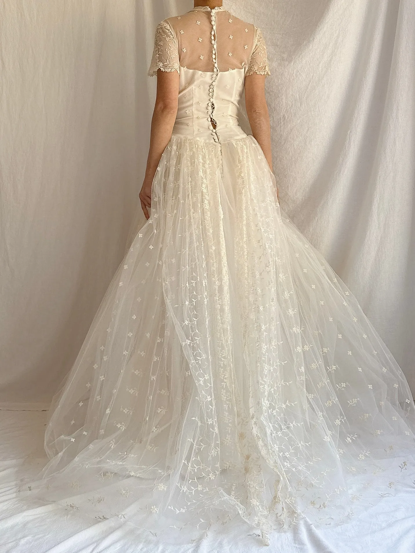 1950s Embroidered Tulle Dress - XS