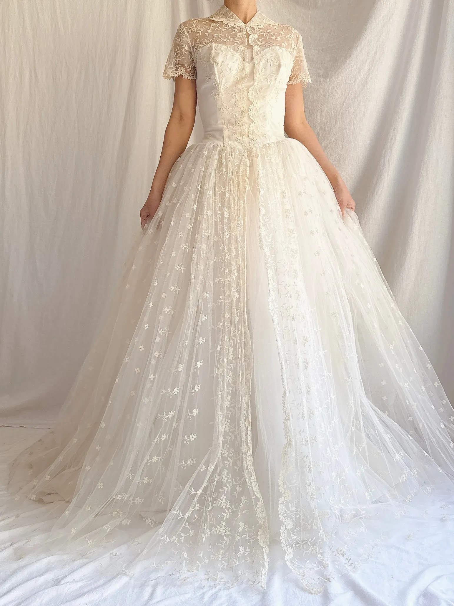 1950s Embroidered Tulle Dress - XS