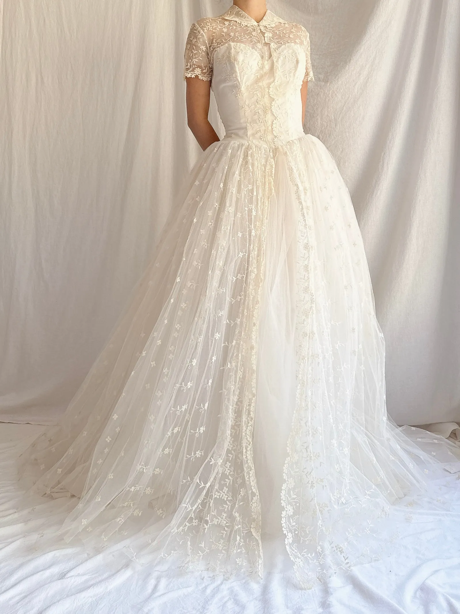 1950s Embroidered Tulle Dress - XS