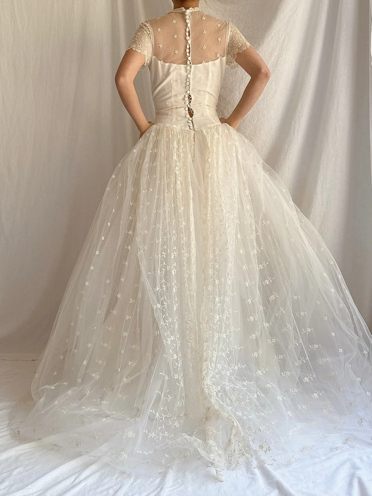 1950s Embroidered Tulle Dress - XS