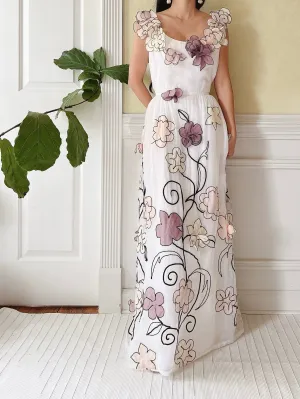 1950s Organdy Floral Appliqué Dress - M
