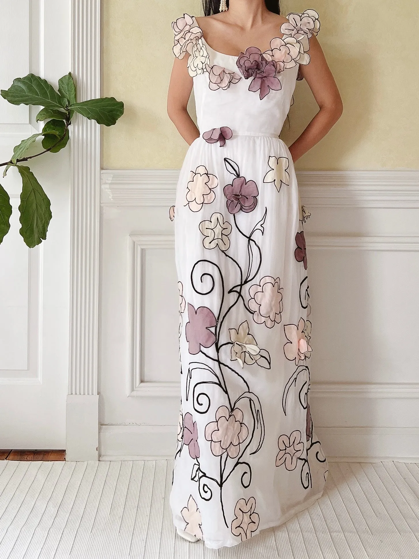 1950s Organdy Floral Appliqué Dress - M