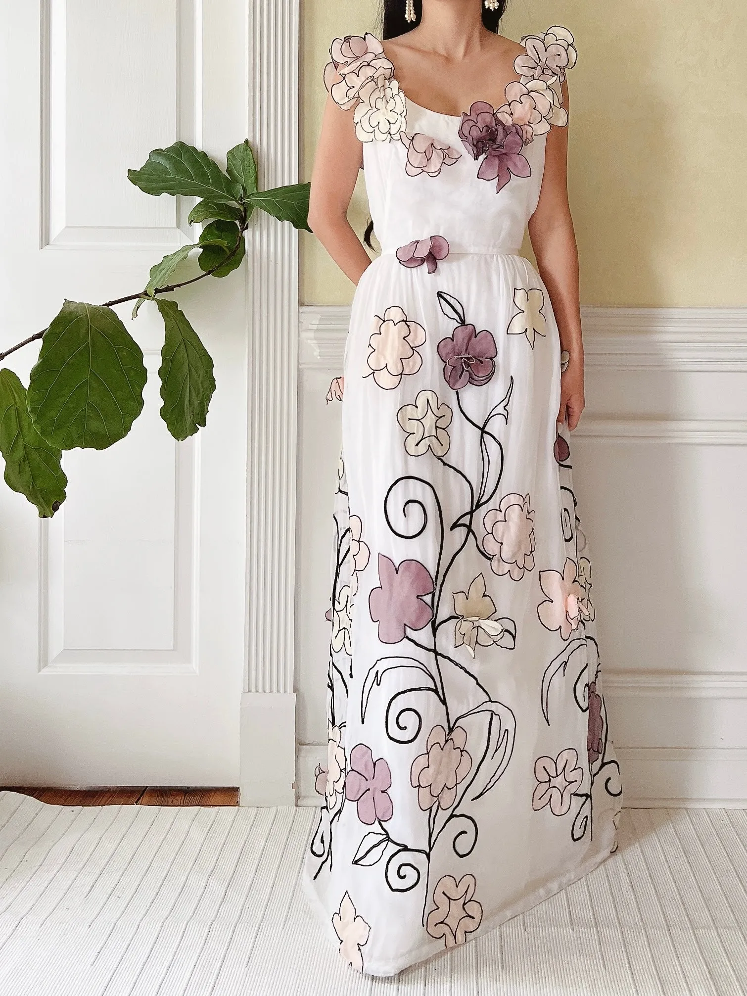 1950s Organdy Floral Appliqué Dress - M