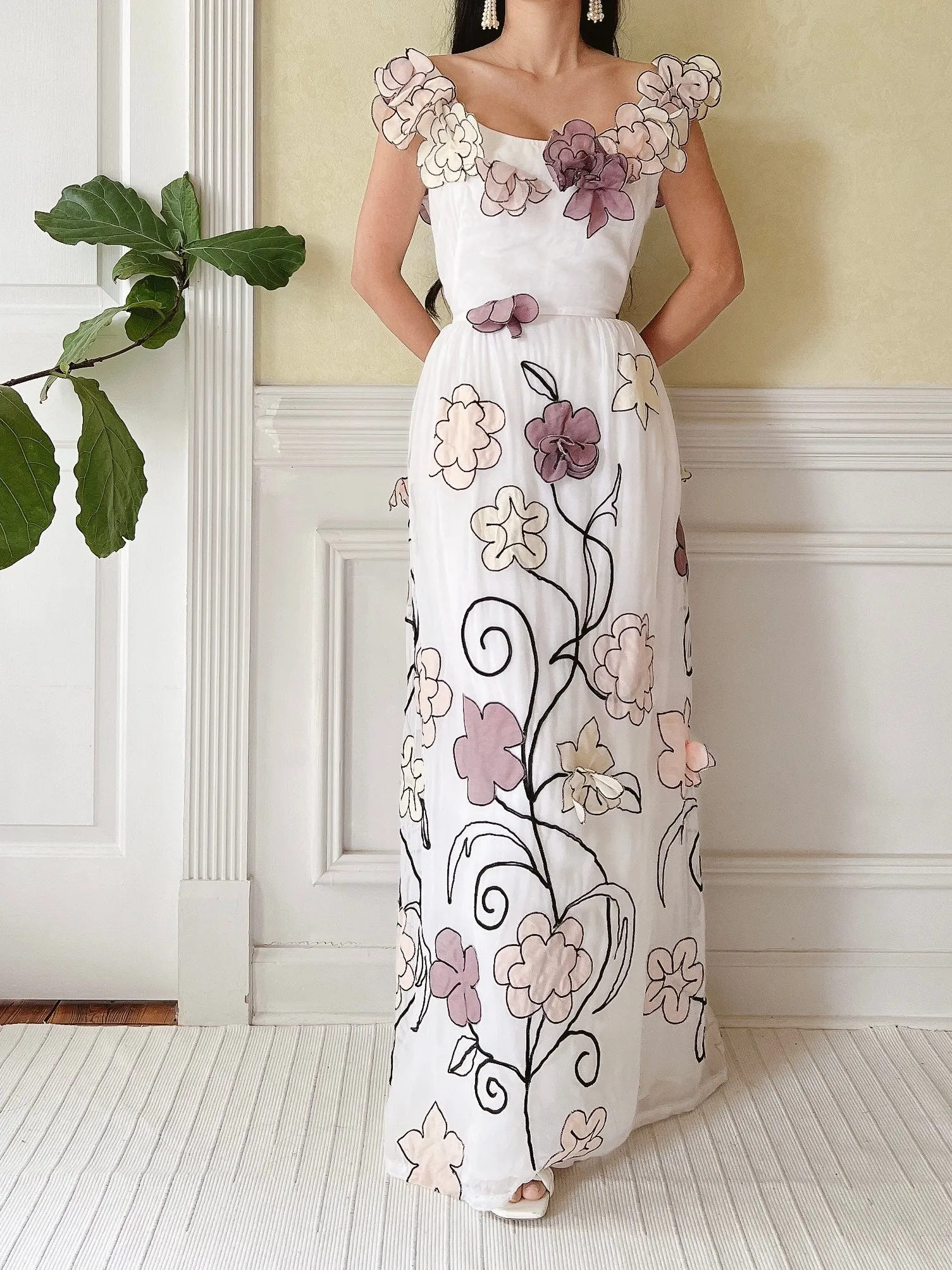 1950s Organdy Floral Appliqué Dress - M
