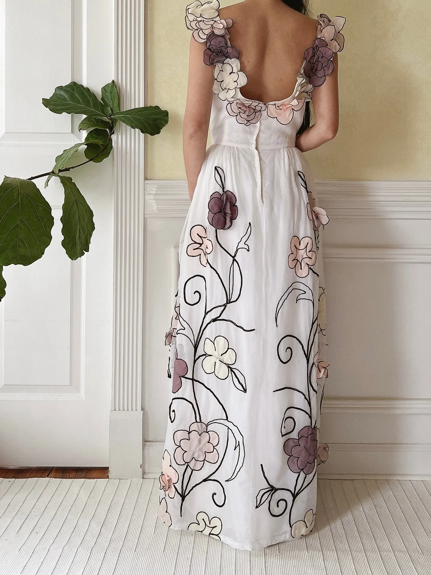 1950s Organdy Floral Appliqué Dress - M