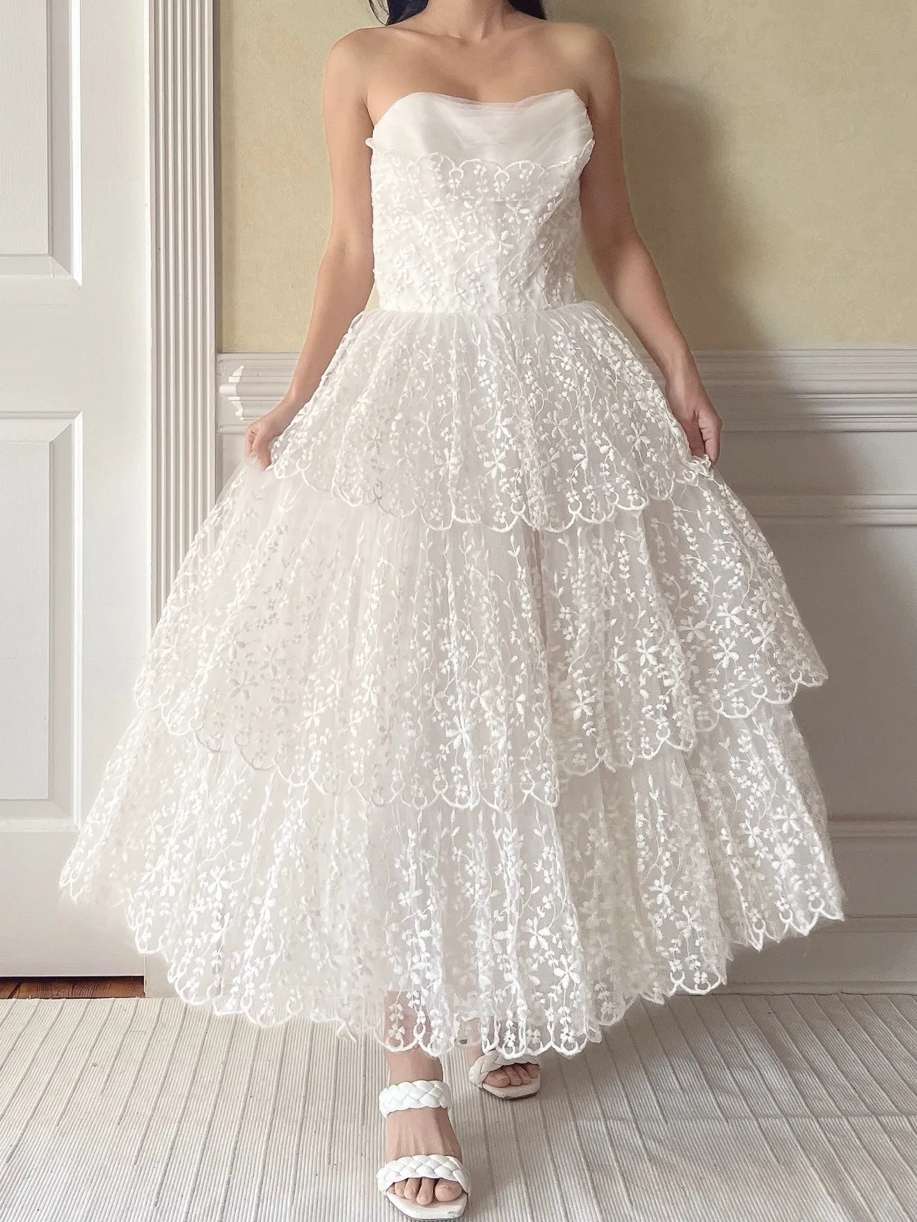 1950s Sweetheart Embroidered Lace Dress - XS