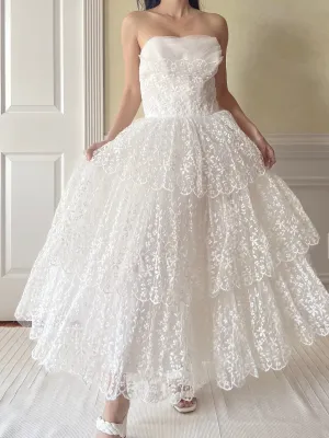 1950s Sweetheart Embroidered Lace Dress - XS