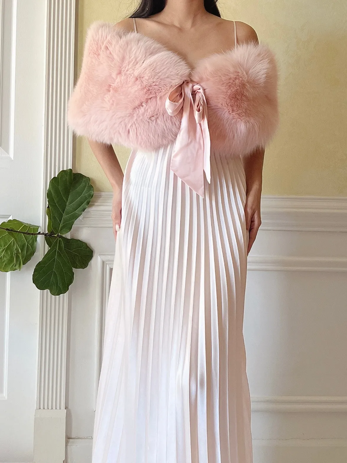 1960s Blush Fox Fur Stole with Silk Ribbons - OSFM