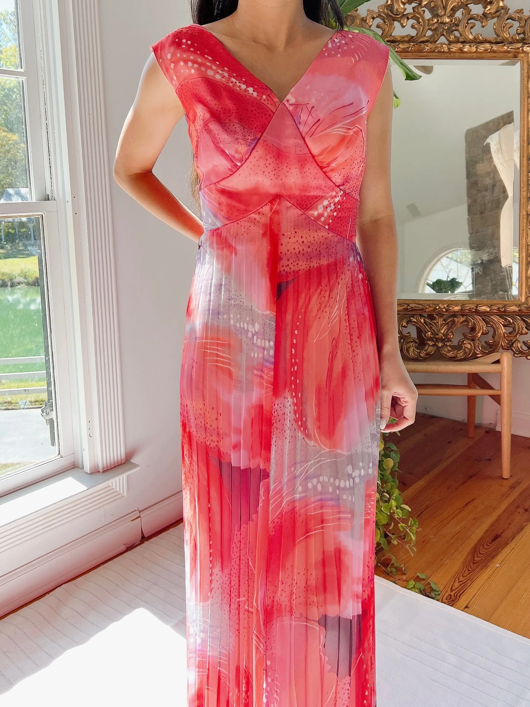 1960s Chiffon Red Abstract Dress - M