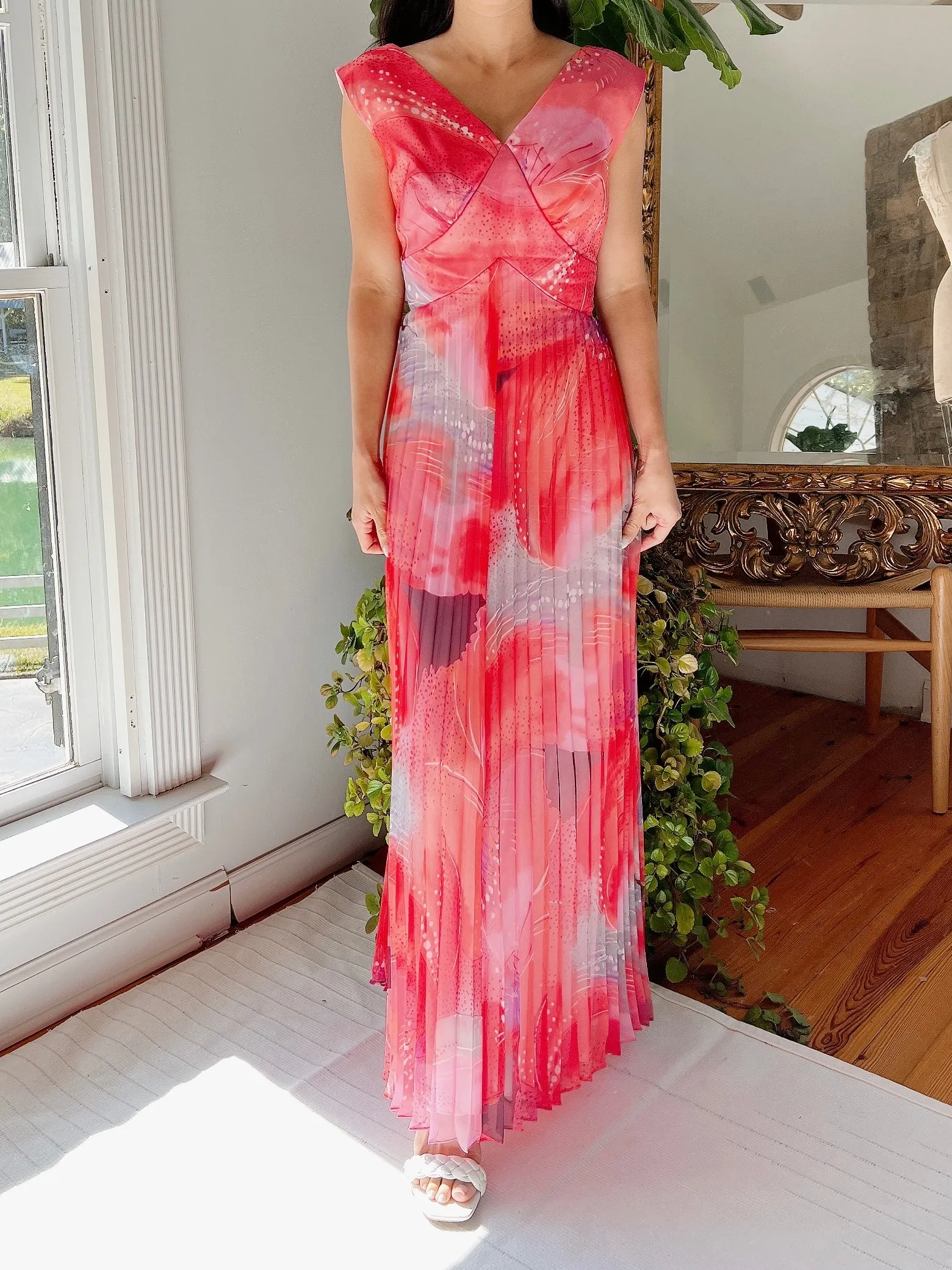 1960s Chiffon Red Abstract Dress - M