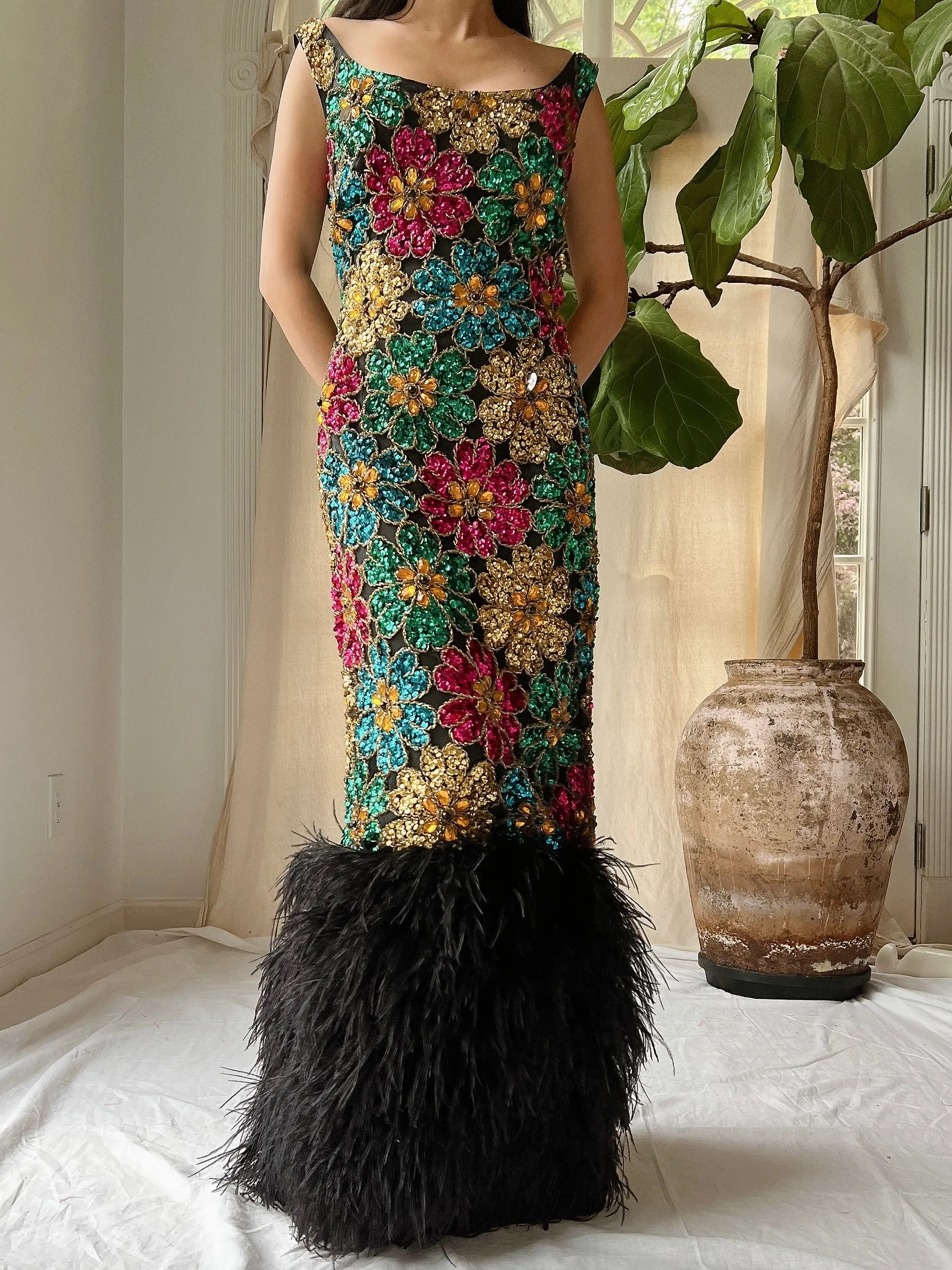 1960s Couture Feathered Gown - S/M