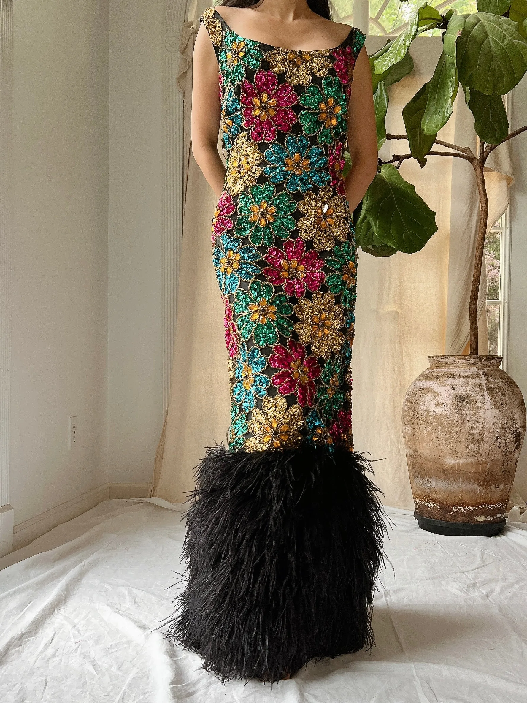 1960s Couture Feathered Gown - S/M
