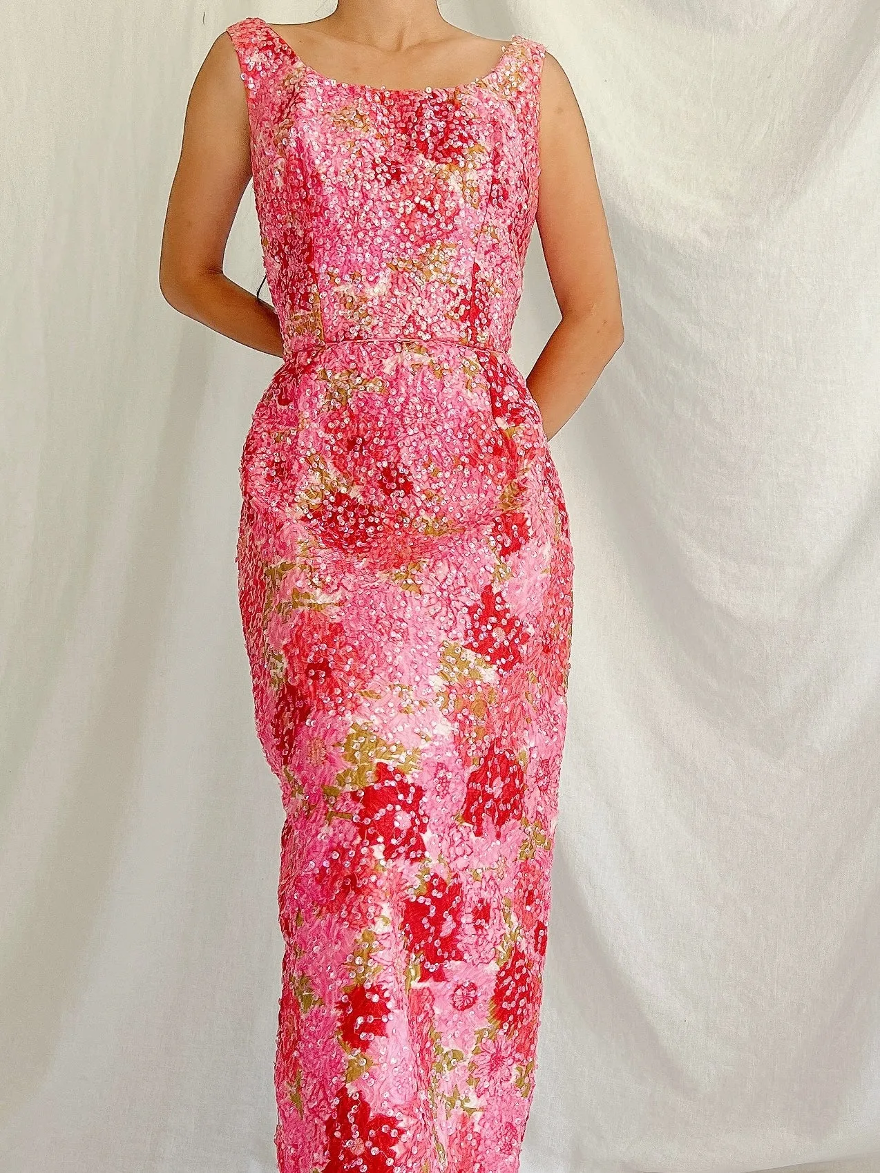 1960s Floral Sequins Wiggle Dress - M