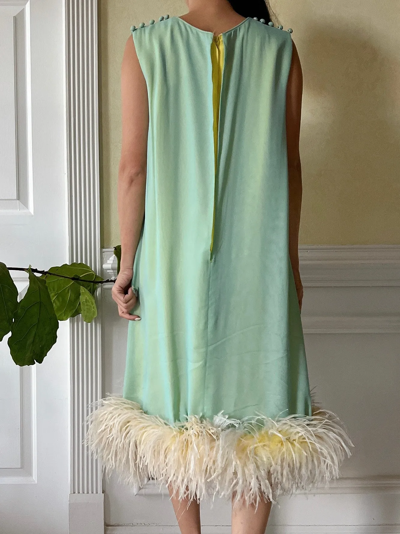 1960s Mint and Yellow Chiffon Feather Dress - S