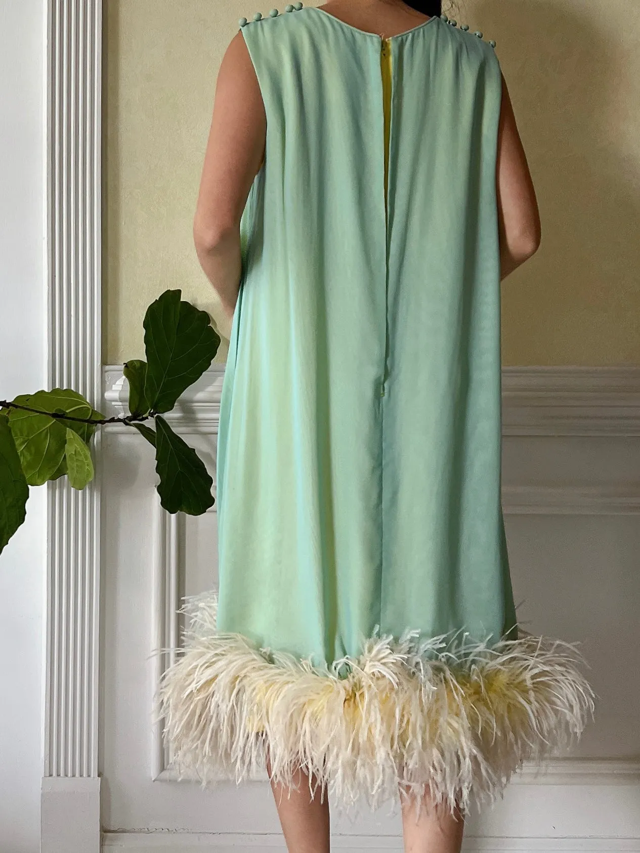 1960s Mint and Yellow Chiffon Feather Dress - S