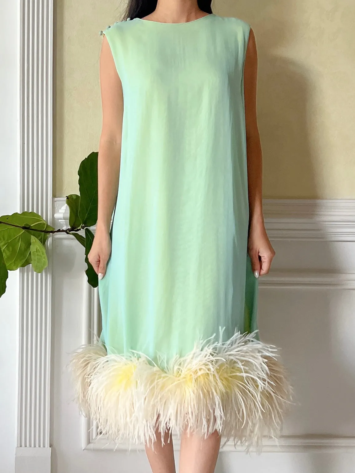 1960s Mint and Yellow Chiffon Feather Dress - S