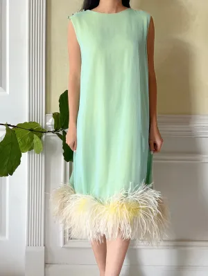 1960s Mint and Yellow Chiffon Feather Dress - S