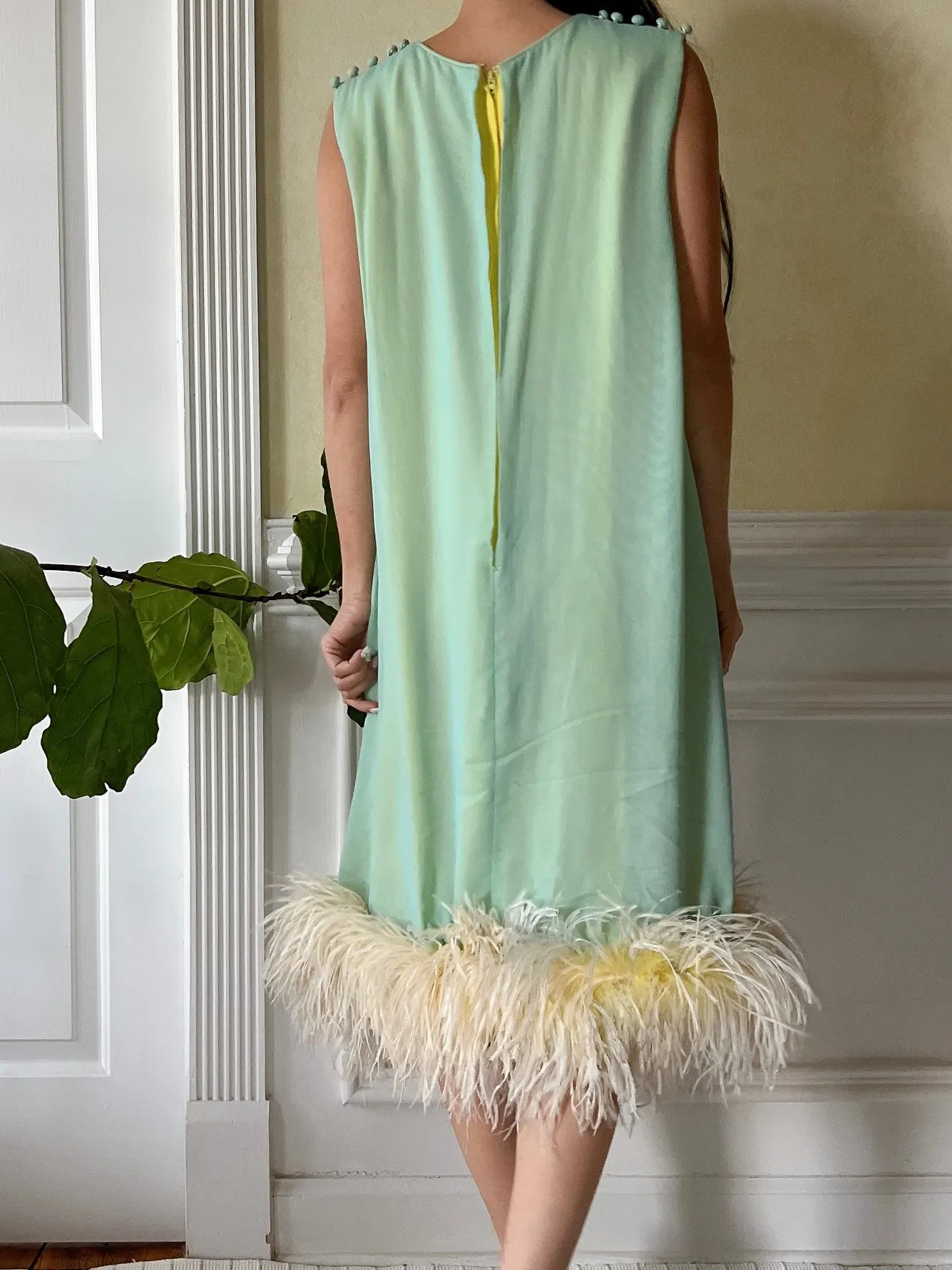 1960s Mint and Yellow Chiffon Feather Dress - S