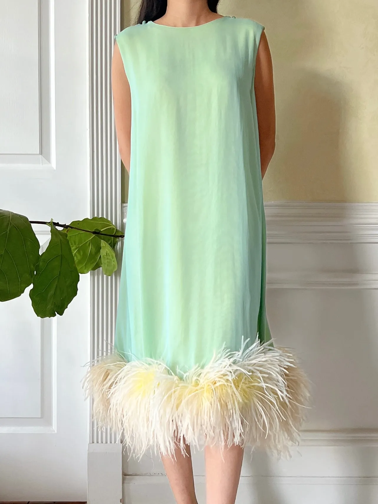 1960s Mint and Yellow Chiffon Feather Dress - S