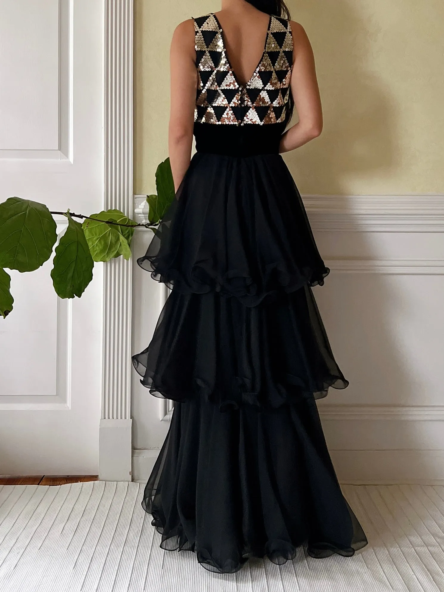 1960s Tiered Sequins and Chiffon Dress  - S