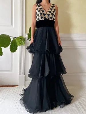 1960s Tiered Sequins and Chiffon Dress  - S