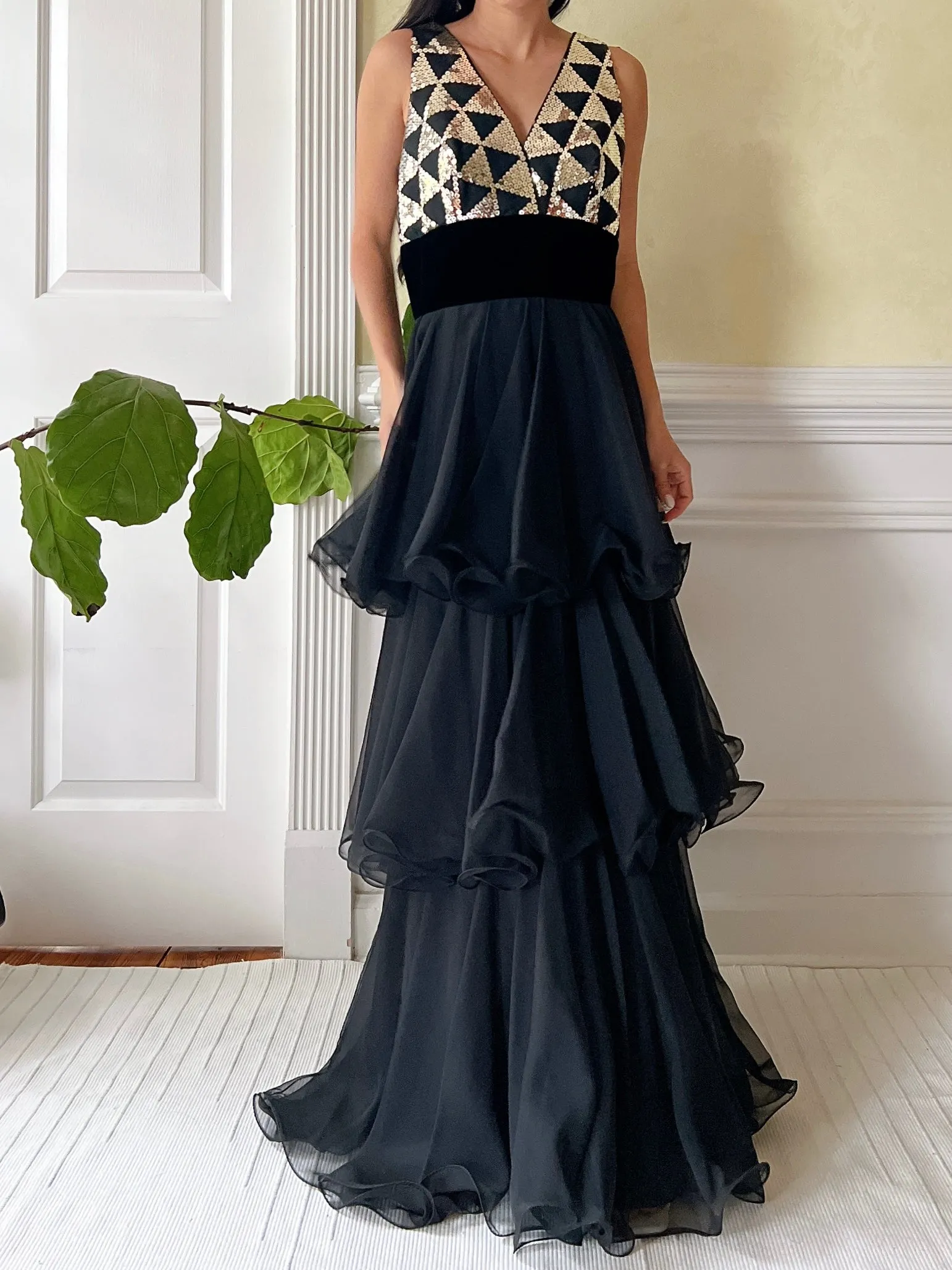 1960s Tiered Sequins and Chiffon Dress  - S