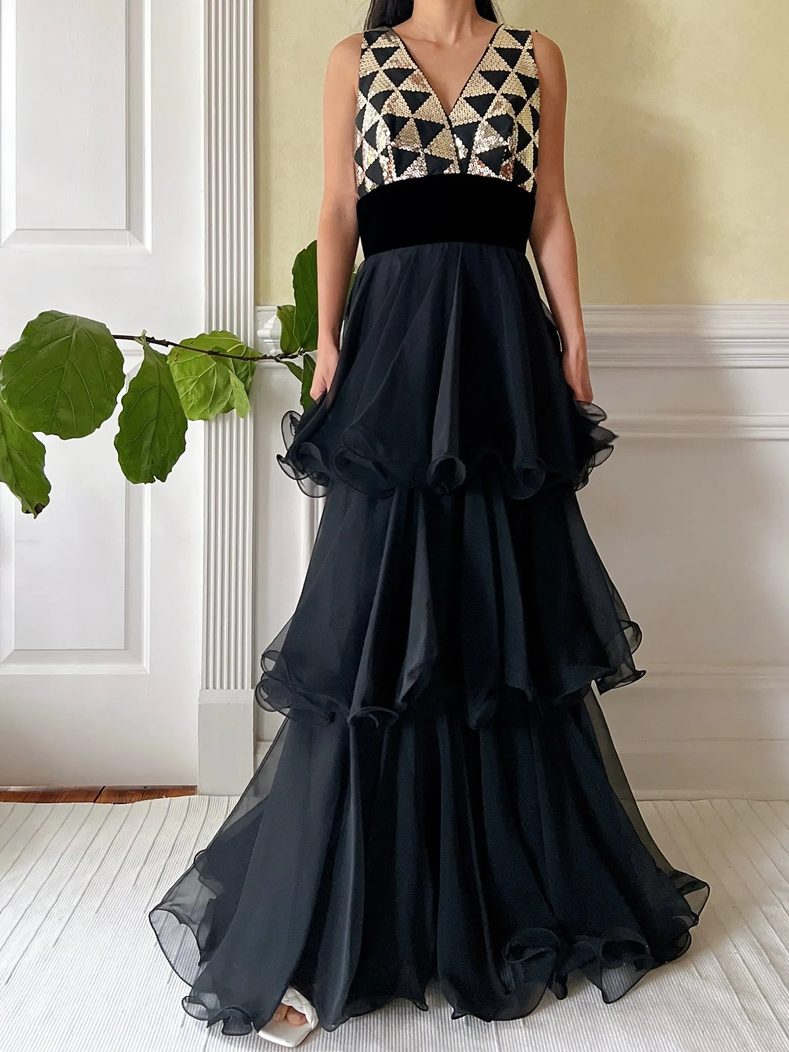 1960s Tiered Sequins and Chiffon Dress  - S