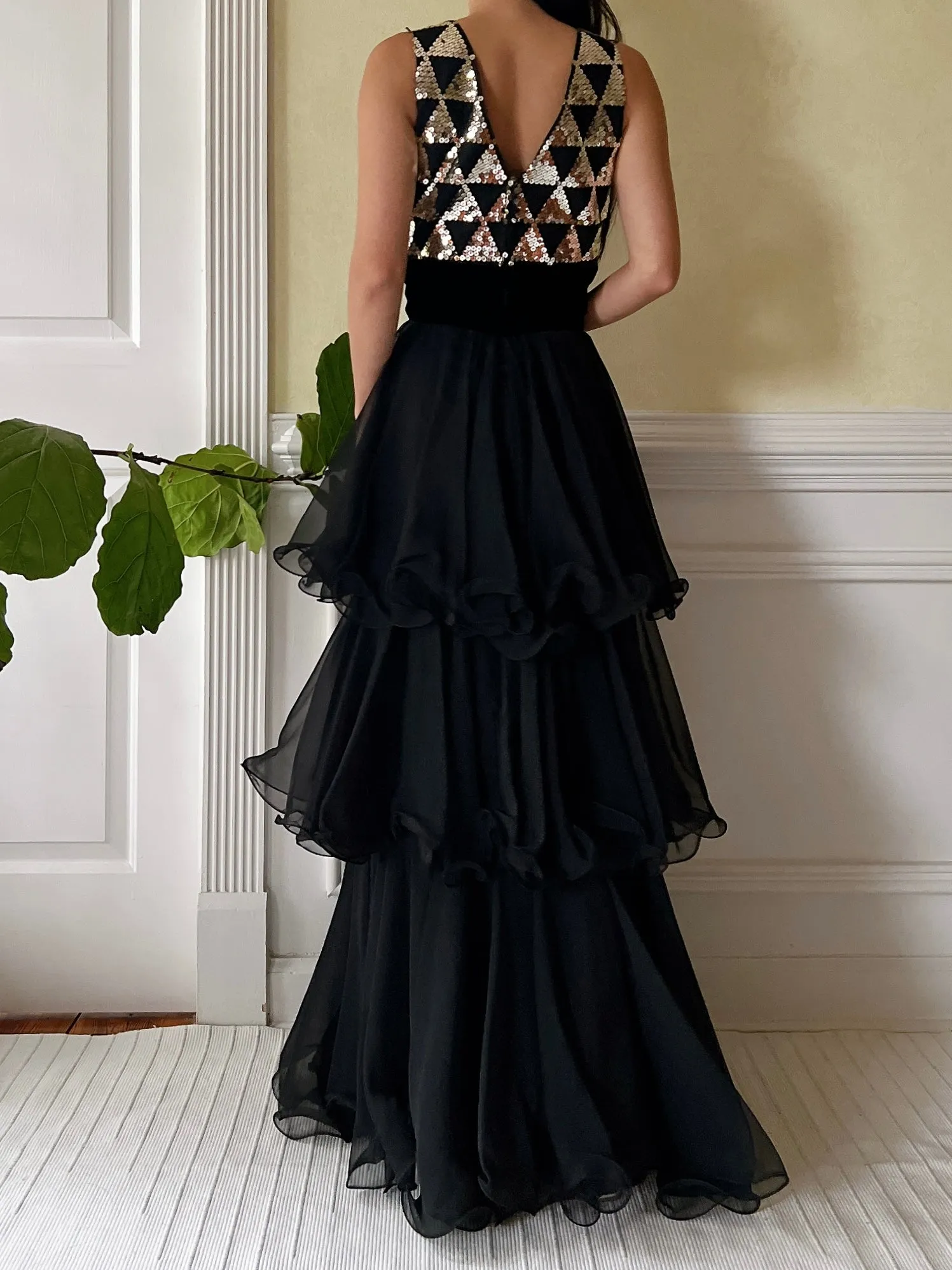 1960s Tiered Sequins and Chiffon Dress  - S