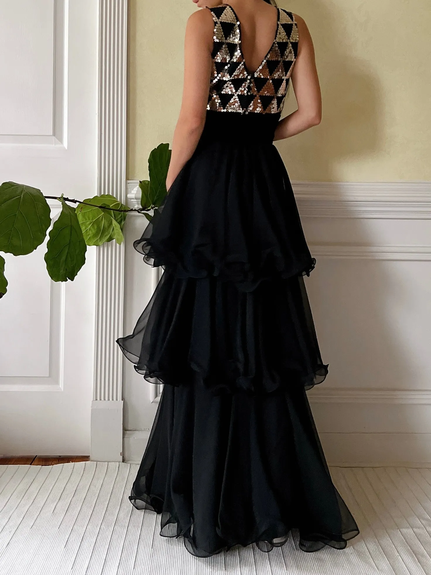 1960s Tiered Sequins and Chiffon Dress  - S
