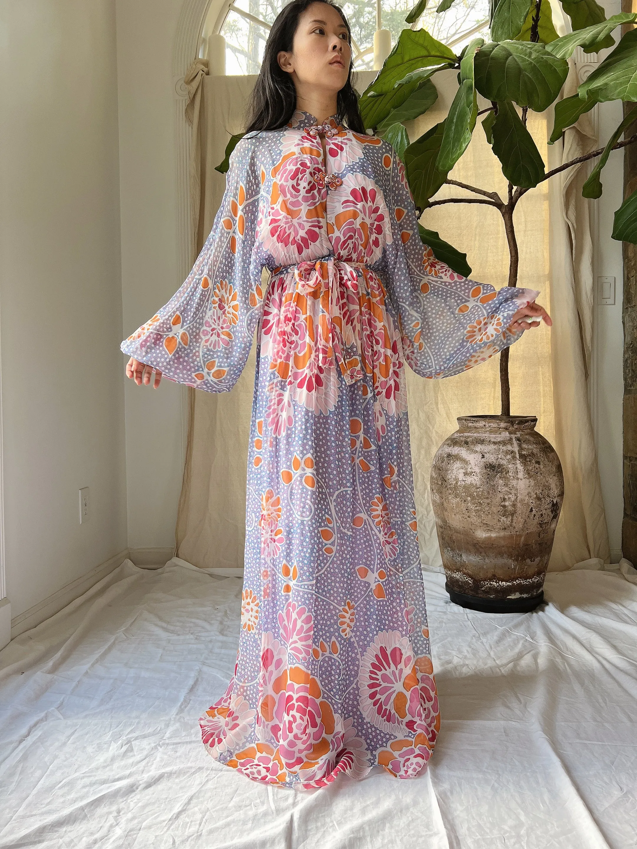 1970s Albert Capraro Chiffon Poet Sleeve Gown - S/M