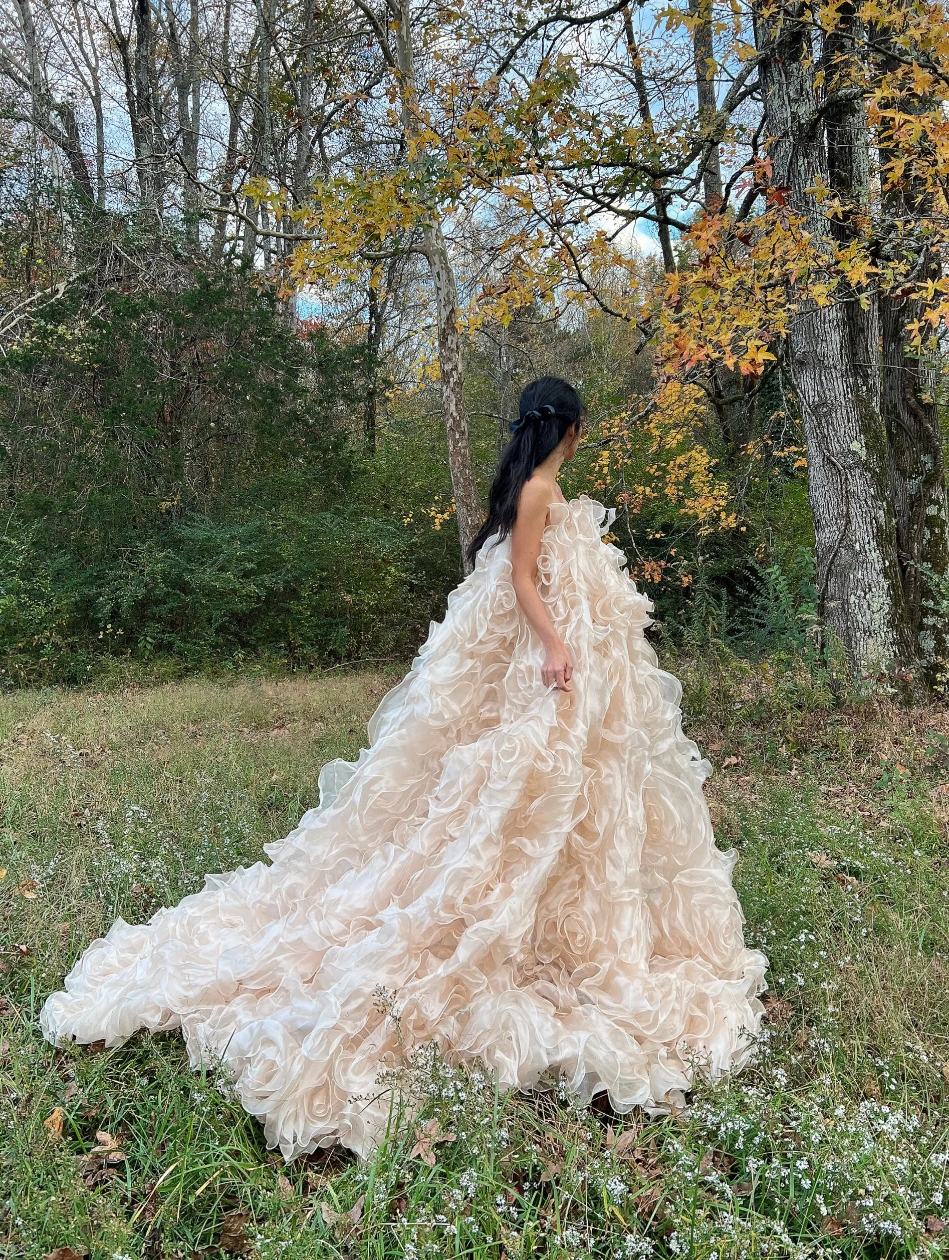 1980s Almond Organza Rose Patterned Dress - OSFM