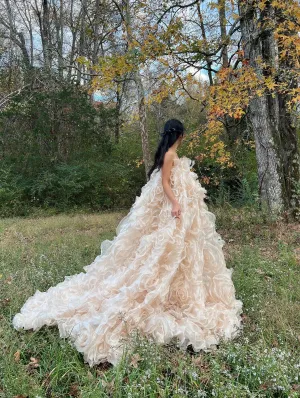 1980s Almond Organza Rose Patterned Dress - OSFM
