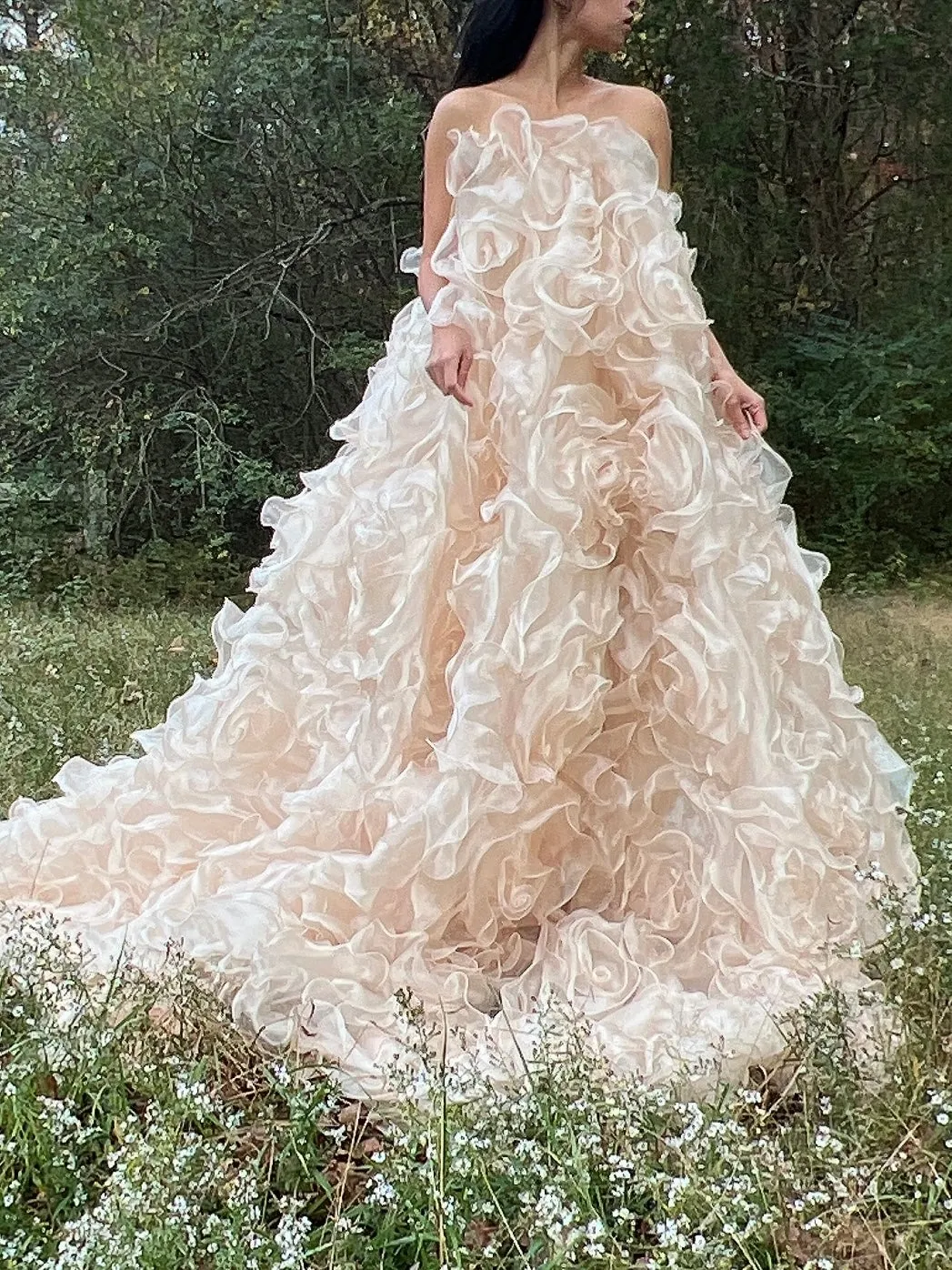 1980s Almond Organza Rose Patterned Dress - OSFM