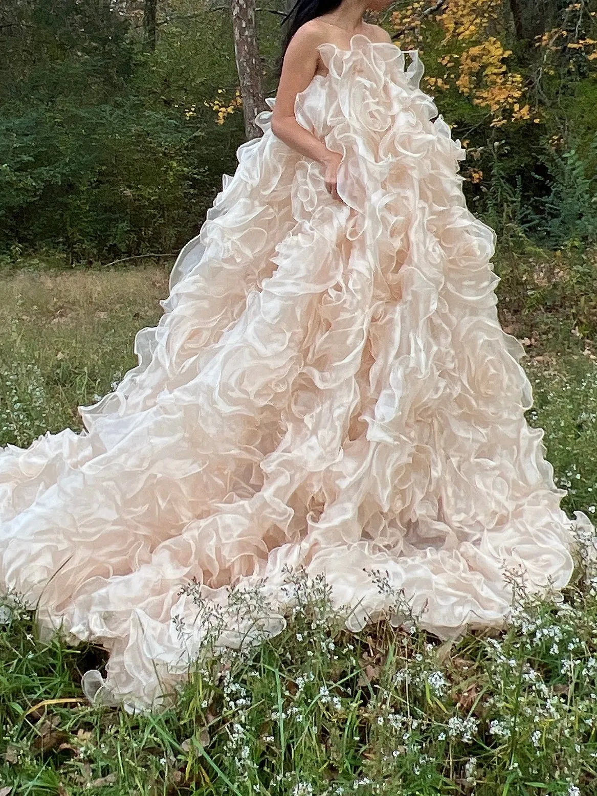 1980s Almond Organza Rose Patterned Dress - OSFM