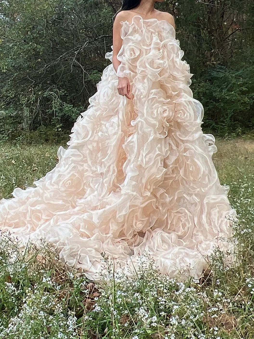 1980s Almond Organza Rose Patterned Dress - OSFM