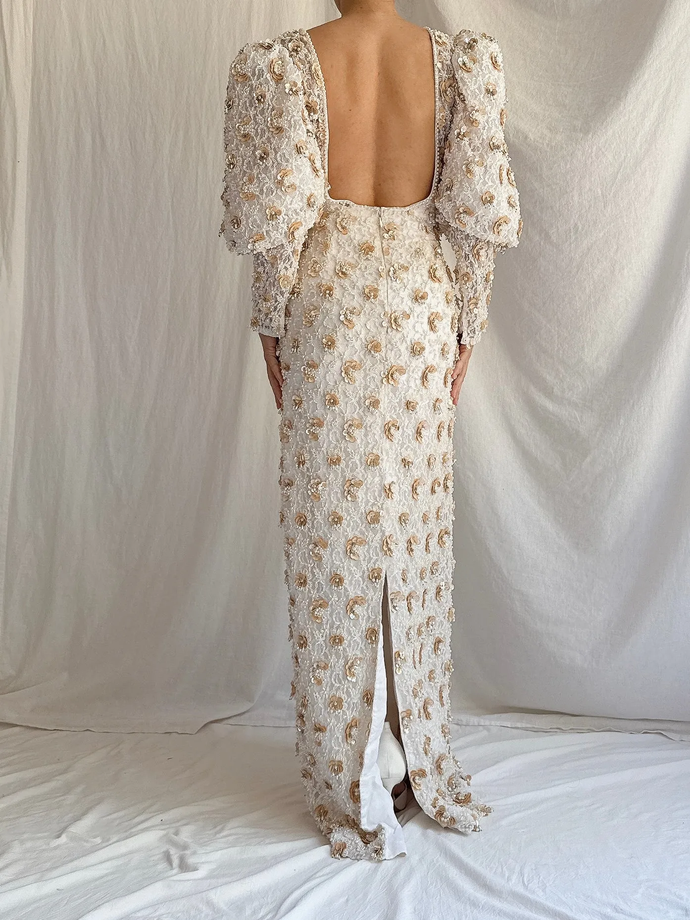 1980s Mutton Sleeves Lace Beaded Gown - M