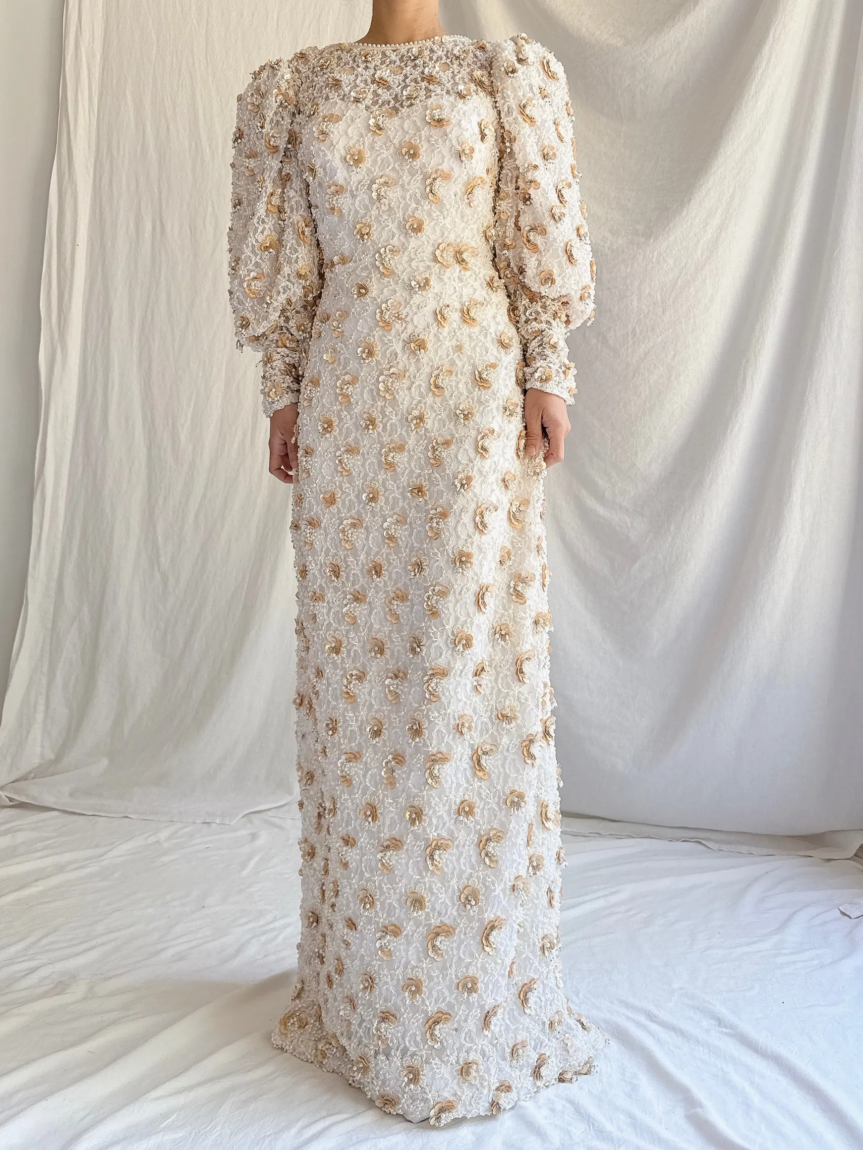 1980s Mutton Sleeves Lace Beaded Gown - M