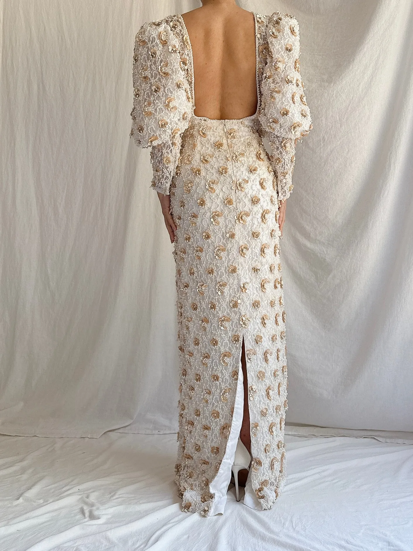 1980s Mutton Sleeves Lace Beaded Gown - M