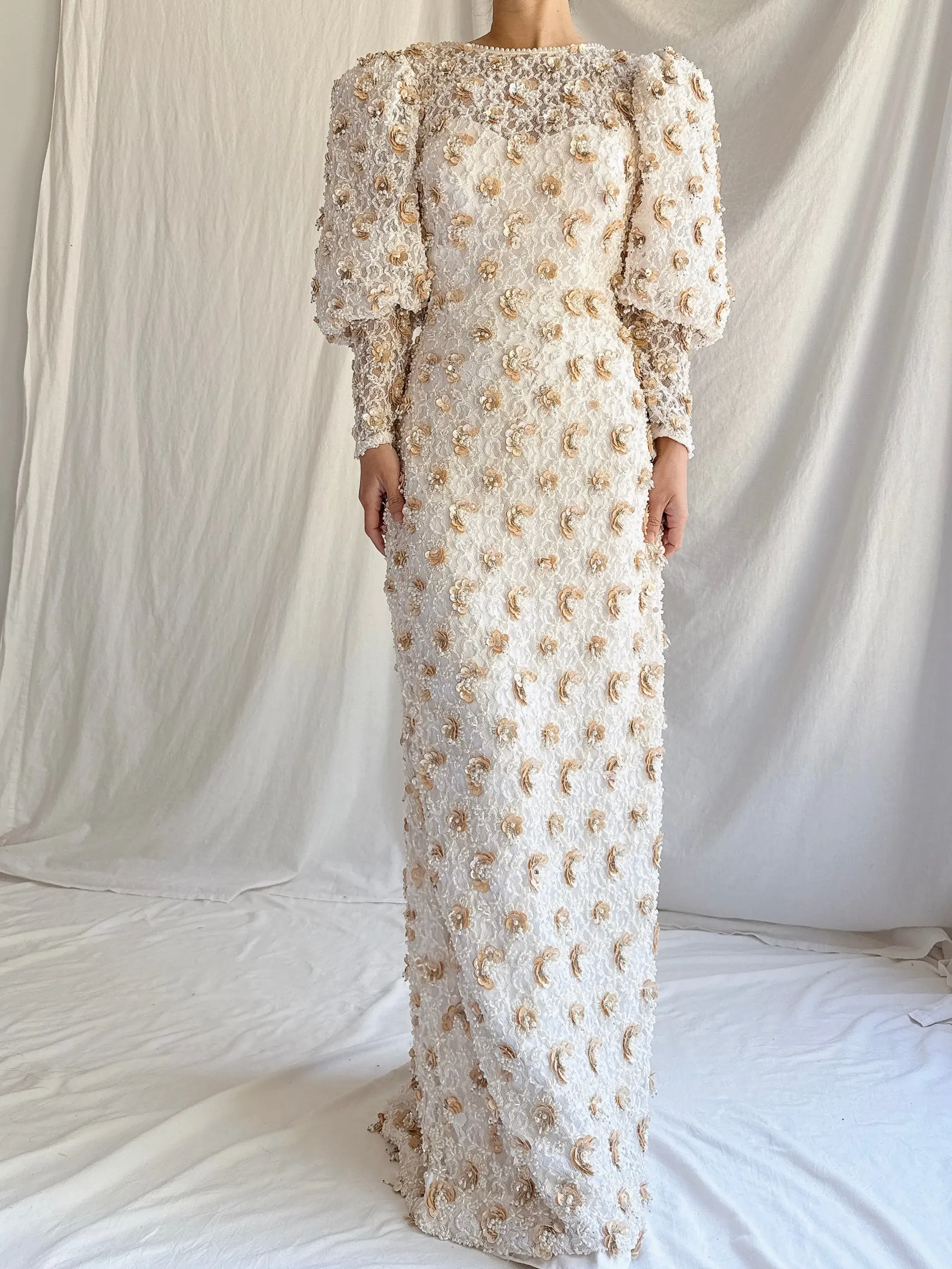 1980s Mutton Sleeves Lace Beaded Gown - M