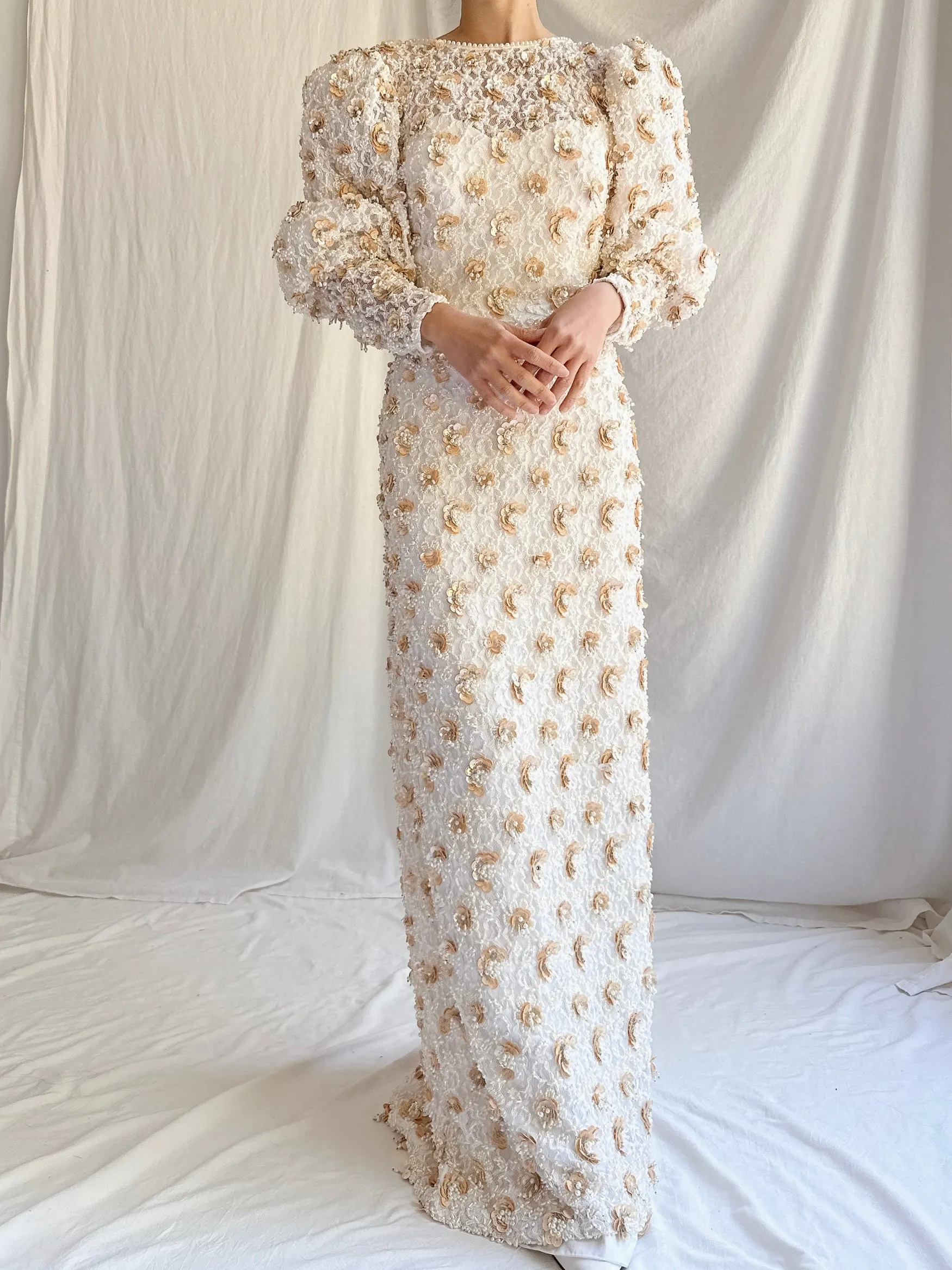 1980s Mutton Sleeves Lace Beaded Gown - M