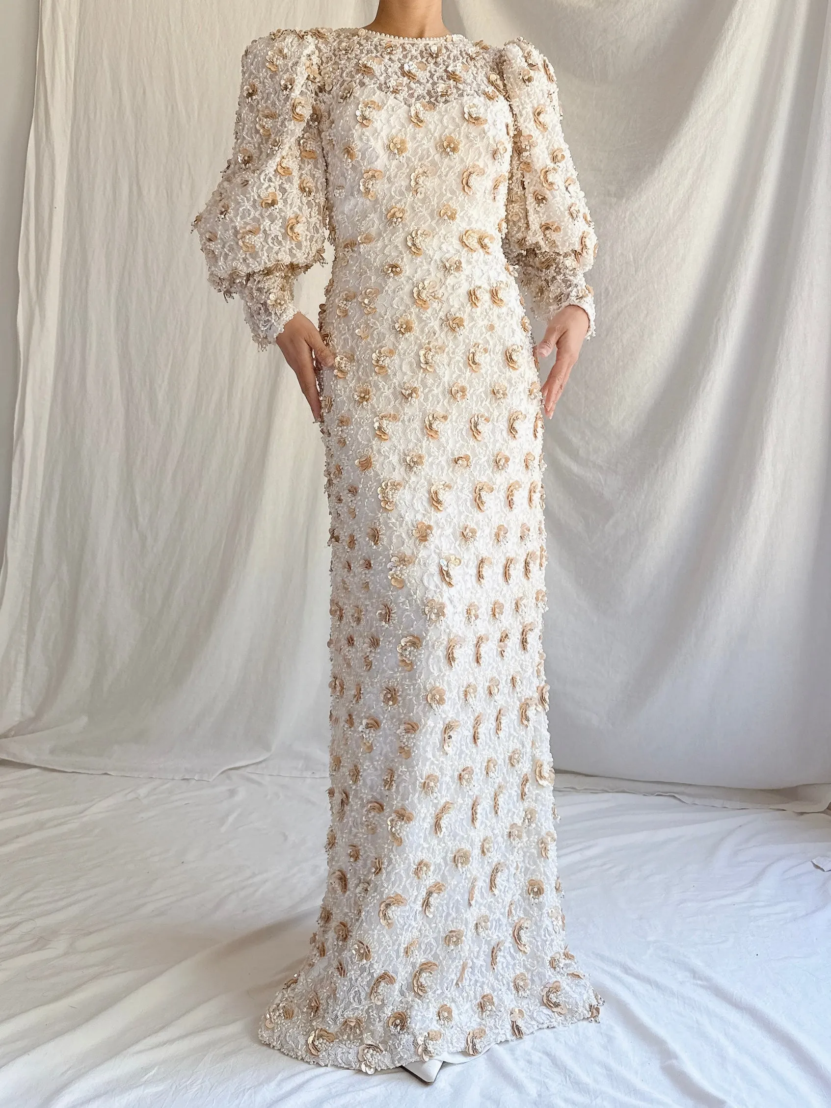 1980s Mutton Sleeves Lace Beaded Gown - M