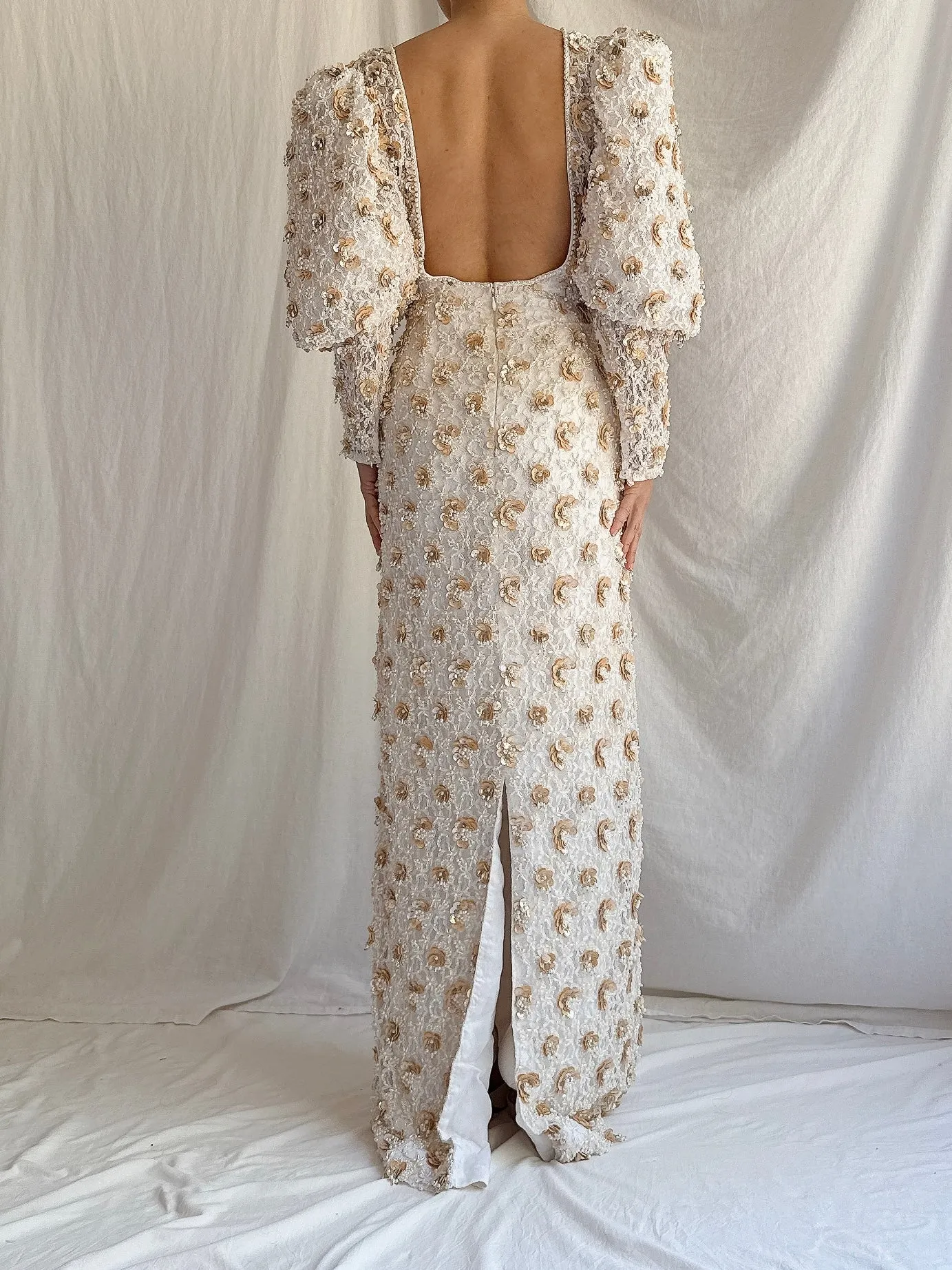 1980s Mutton Sleeves Lace Beaded Gown - M