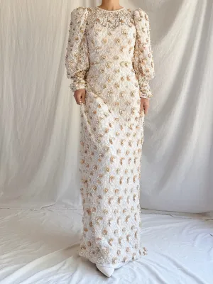 1980s Mutton Sleeves Lace Beaded Gown - M