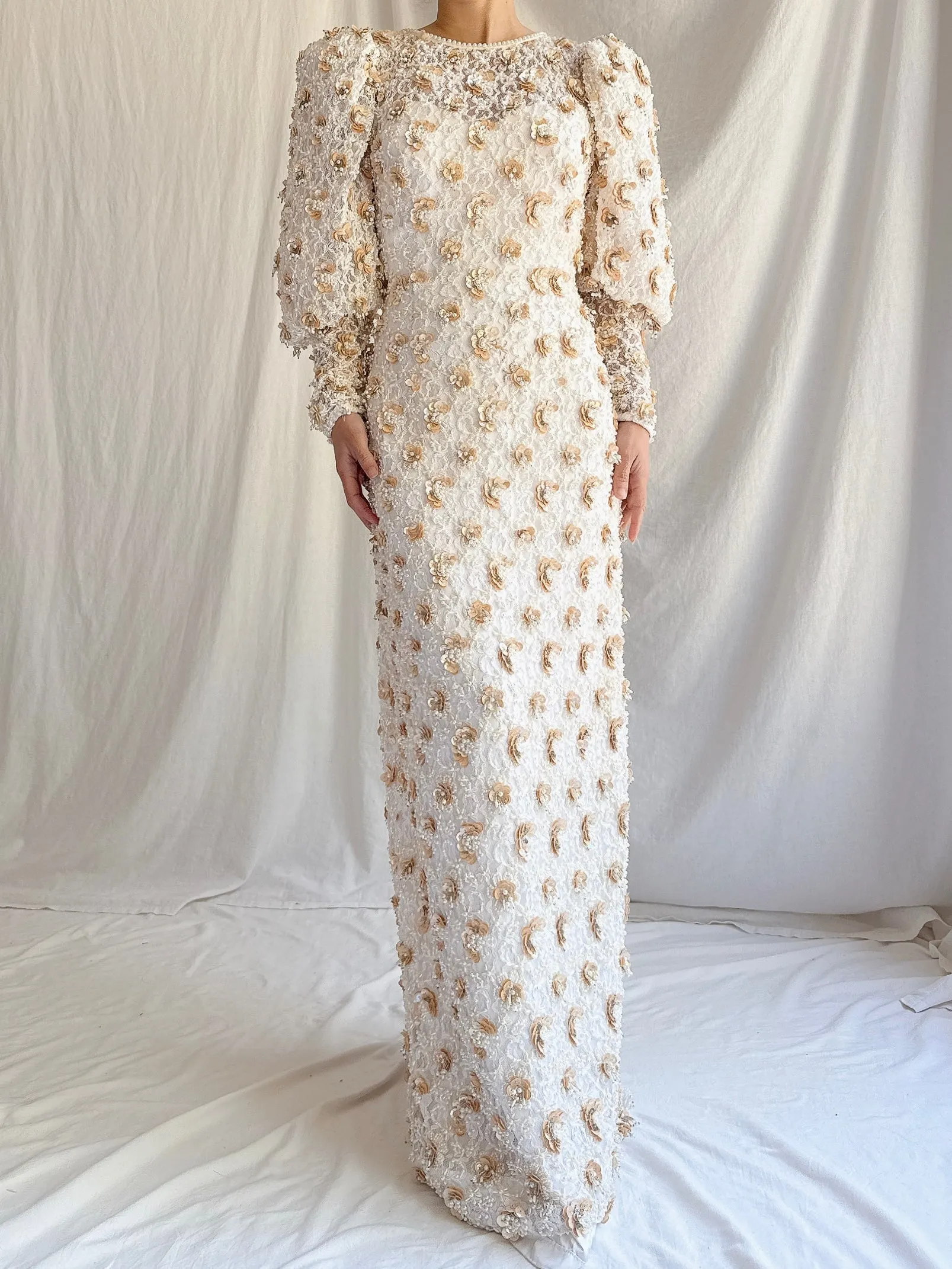 1980s Mutton Sleeves Lace Beaded Gown - M