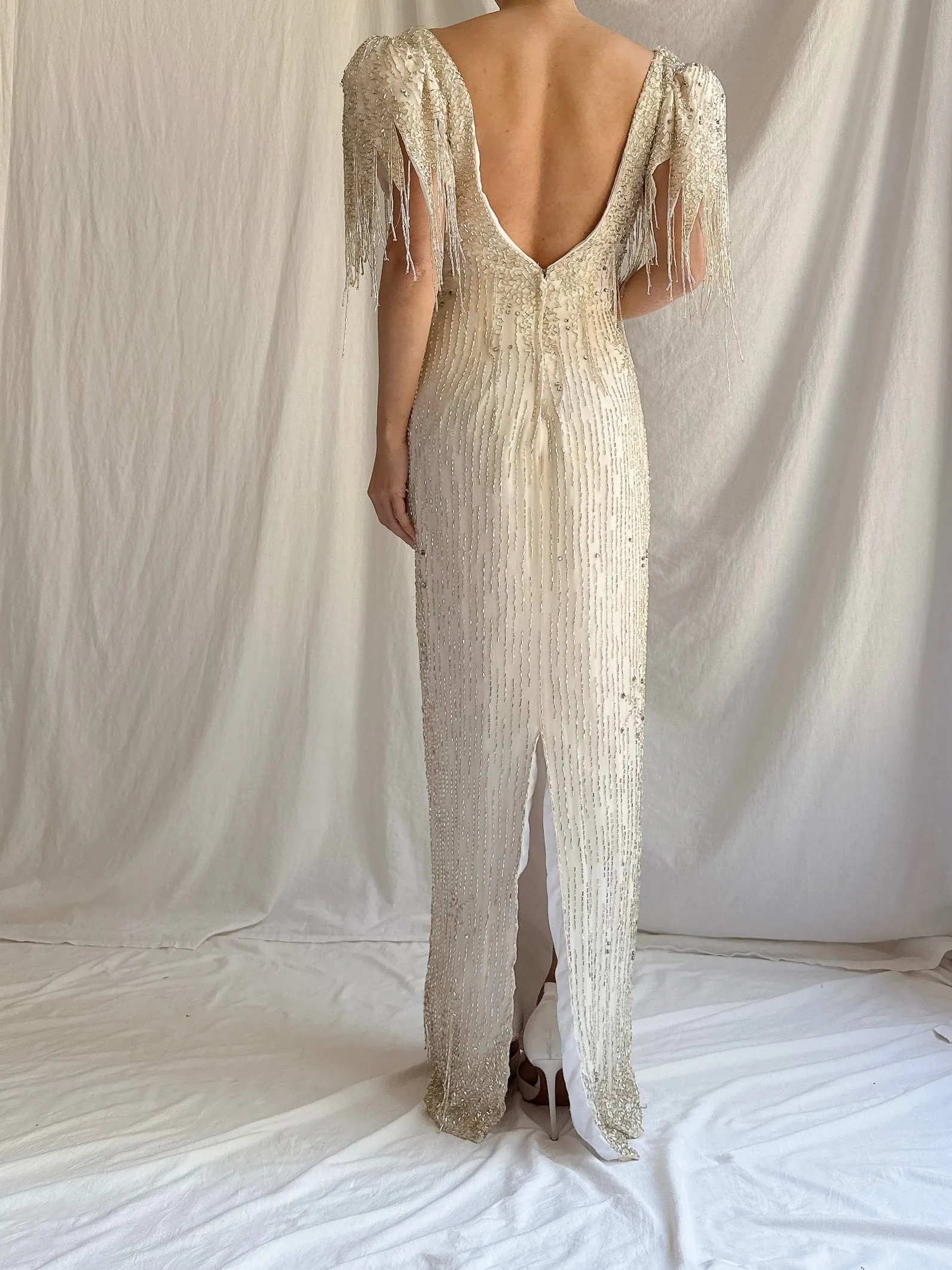 1980s Silk Chiffon Beaded Tassel Gown - S