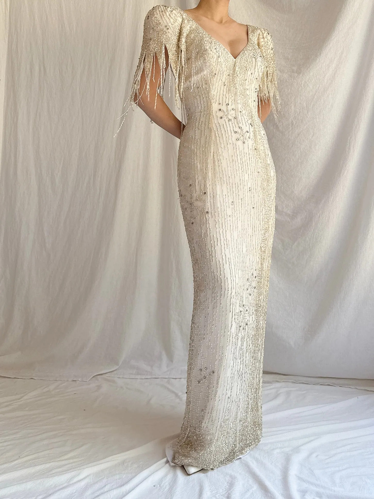 1980s Silk Chiffon Beaded Tassel Gown - S