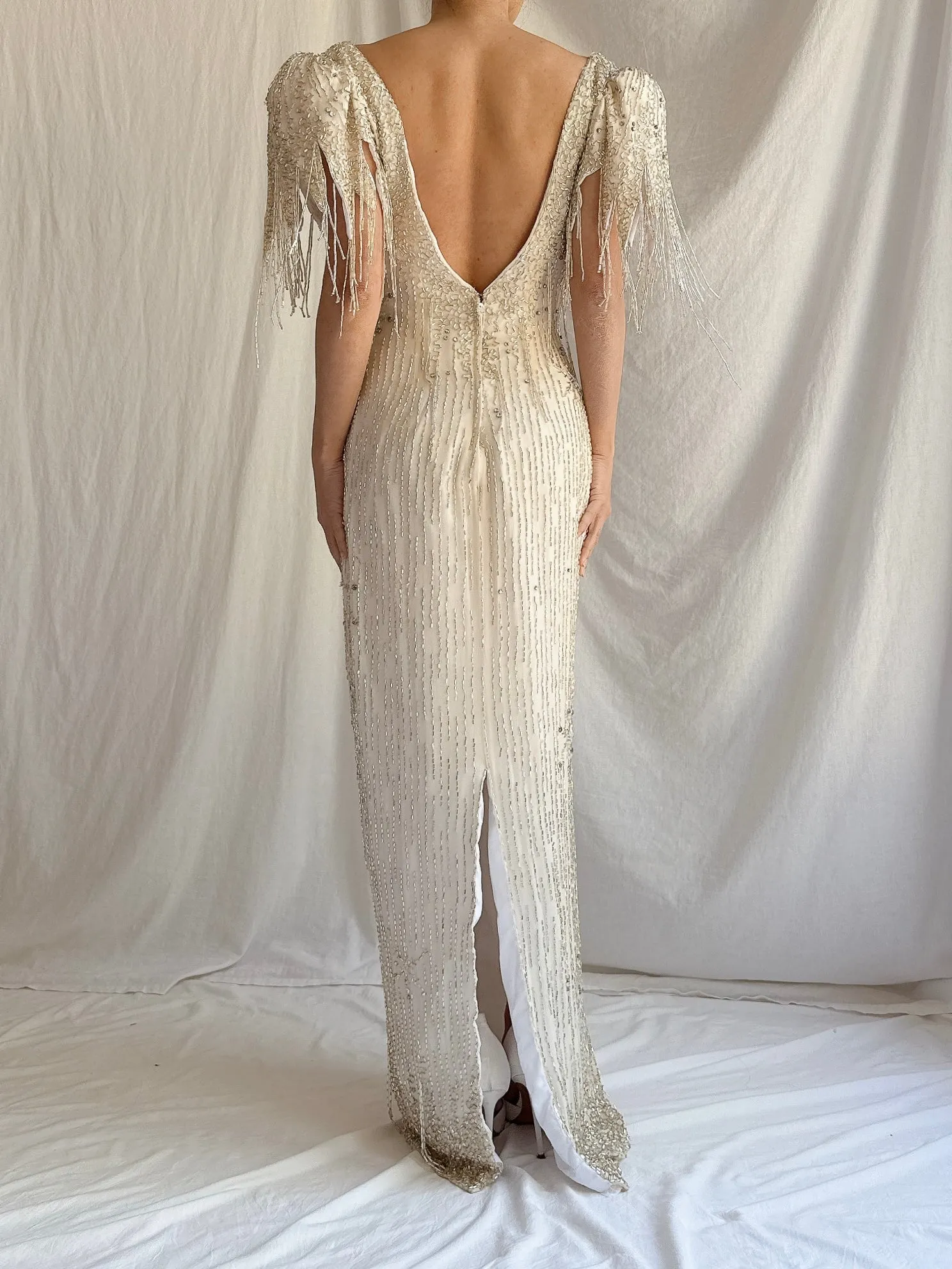 1980s Silk Chiffon Beaded Tassel Gown - S
