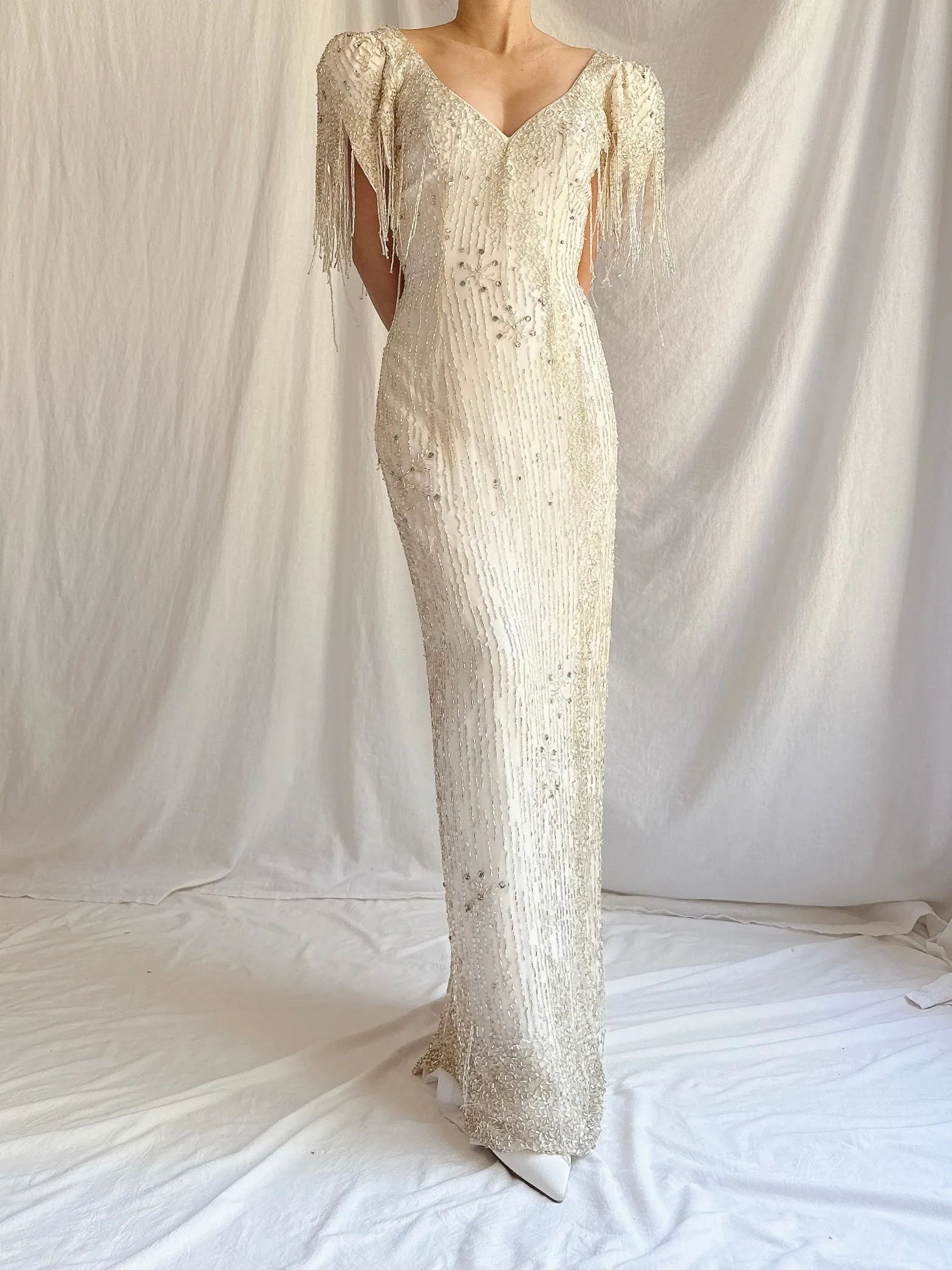 1980s Silk Chiffon Beaded Tassel Gown - S