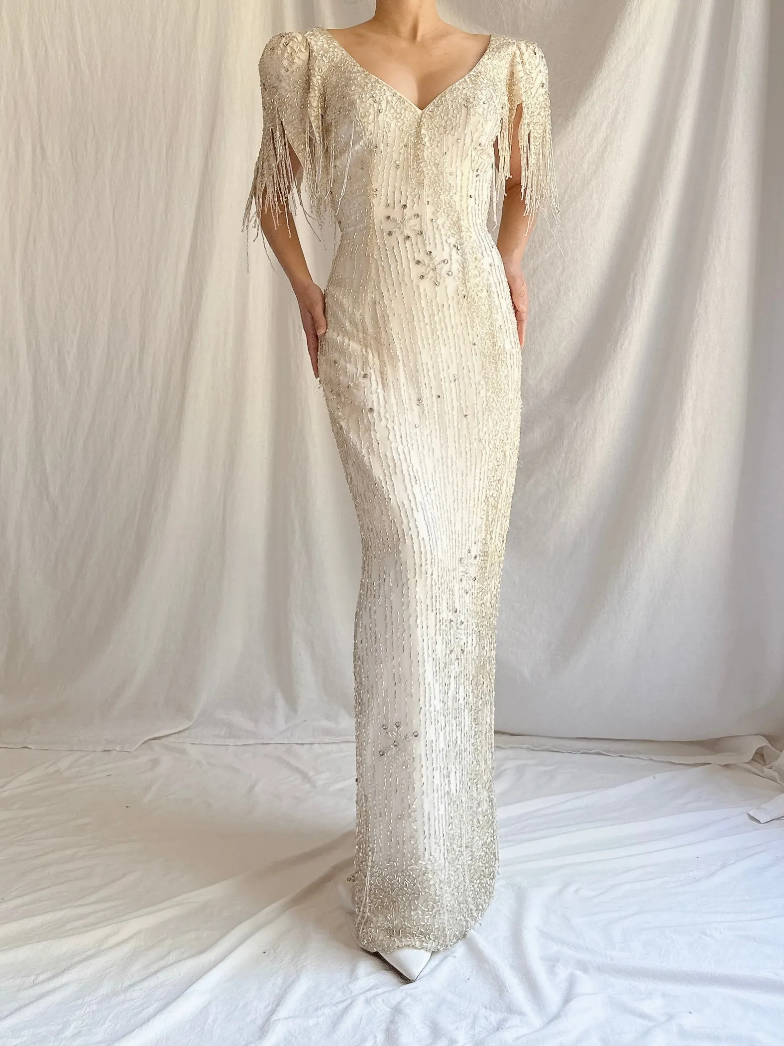 1980s Silk Chiffon Beaded Tassel Gown - S