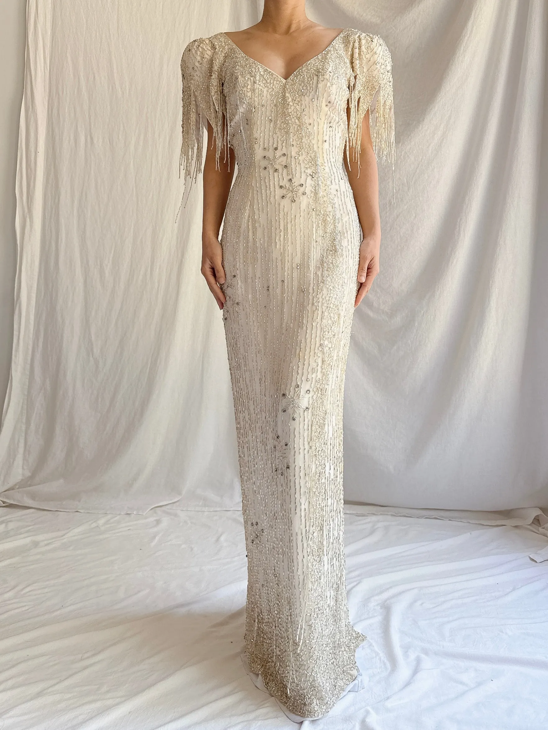 1980s Silk Chiffon Beaded Tassel Gown - S
